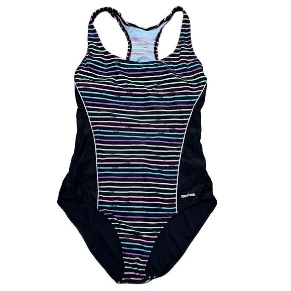 Reebok Swim Colorful Dimension Stripe & Black One-Piece Swimsuit Size 12 - Picture 2 of 13